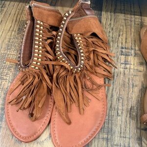 Fringe Suede Sandals - Brown